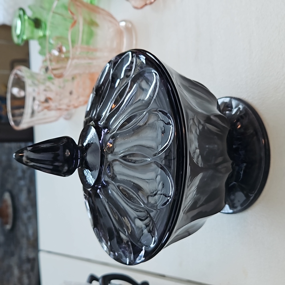 Vintage Black Amethyst Glass Covered Candy Dish Indiana Glass